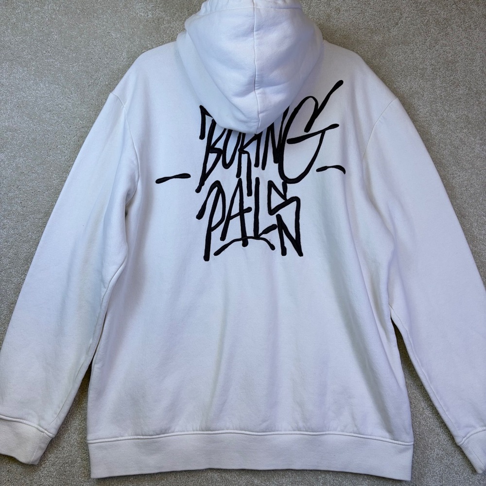 H&M Hoodie Mens Large White Boring Pals Graffiti Art Embroidered Regular Fit